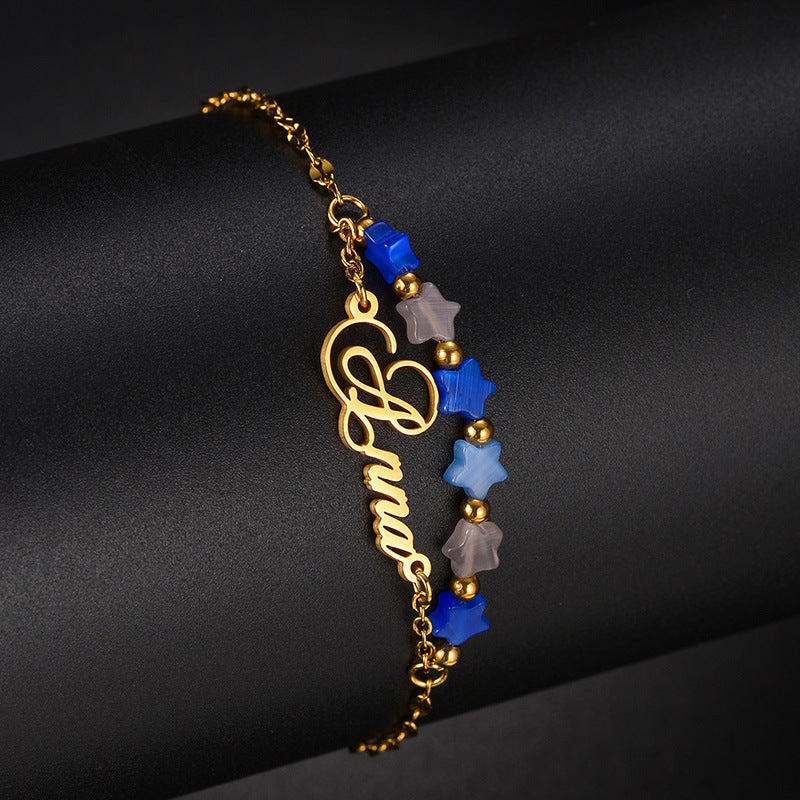 Fashion new titanium steel DIY letter bracelet personality cat's eye stone five-pointed star double-layer stacking jewelry wholesale