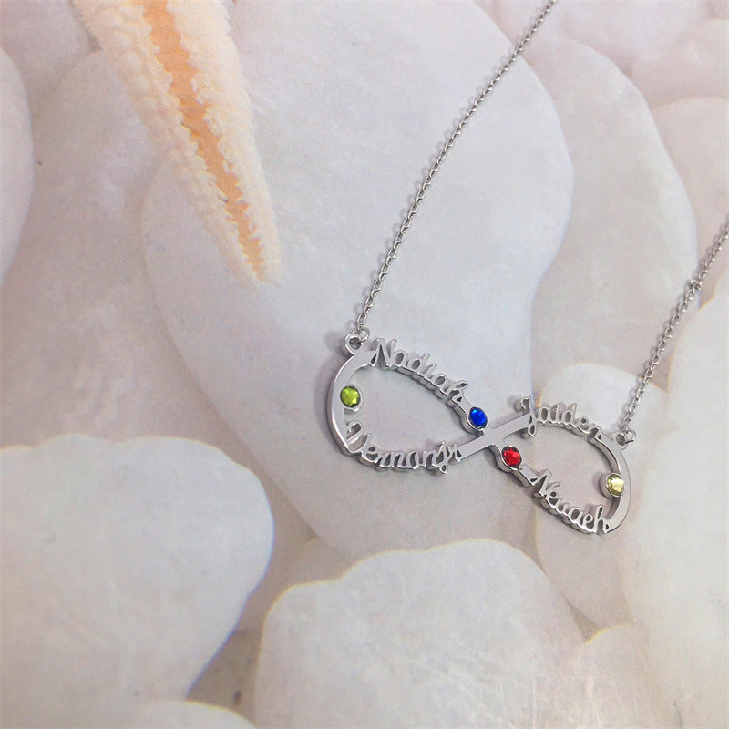 Hot-Selling S925 Sterling Silver Infinity Necklace with Birthstones and 4 Custom Names – Popular in Europe and the USA.