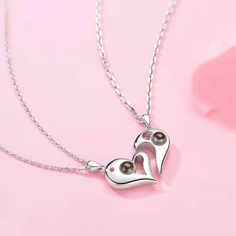"Titanium Steel Couple Necklace, Custom Photo & 100 Language 'I Love You' Projection, His & Hers Pendant, Choker."