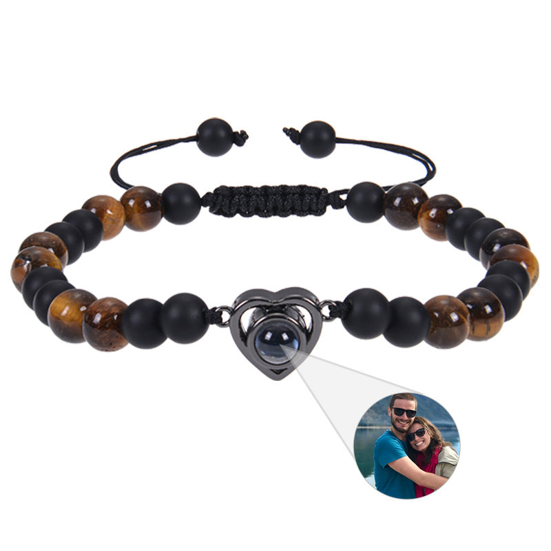 6mm black magnetic stone custom photo bracelet with matte finish and heart pendant projection.