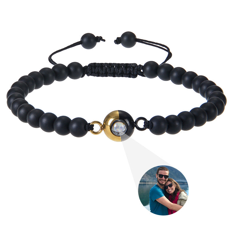 Custom 6mm Tiger Eye Photo Projection Bracelet with natural stones. Personalize with your image for a unique, dual-tone accessory. Great for gifts.