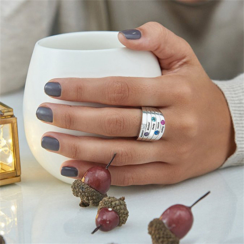 Classic ring set with five birthstones and five names, jewelry, Mother's Day gift.