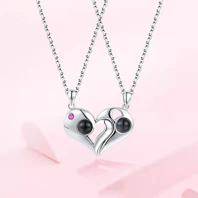 "Titanium Steel Couple Necklace, Custom Photo & 100 Language 'I Love You' Projection, His & Hers Pendant, Choker."