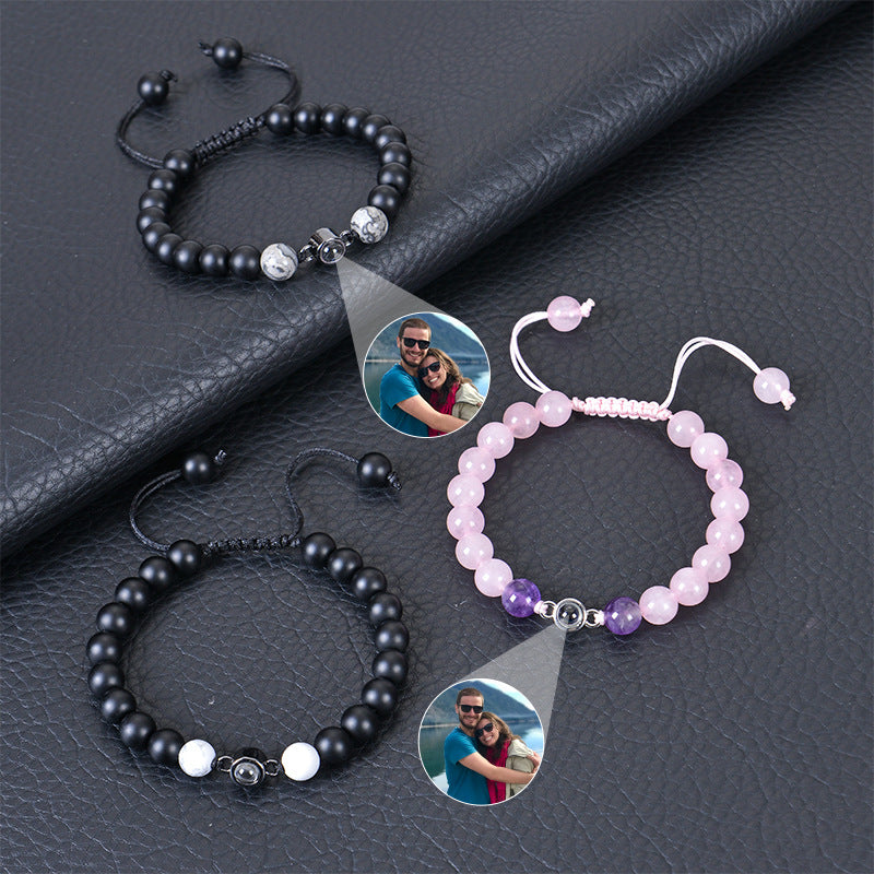 Hot-selling photo projection bracelet with 8mm volcanic stone, customizable braided design, and DIY photo personalization.