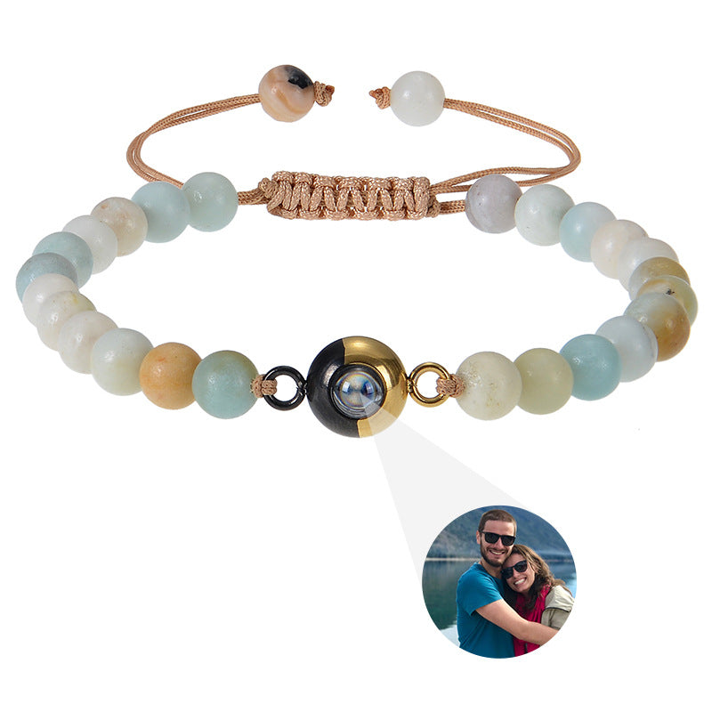 Custom 6mm Tiger Eye Photo Projection Bracelet with natural stones. Personalize with your image for a unique, dual-tone accessory. Great for gifts.