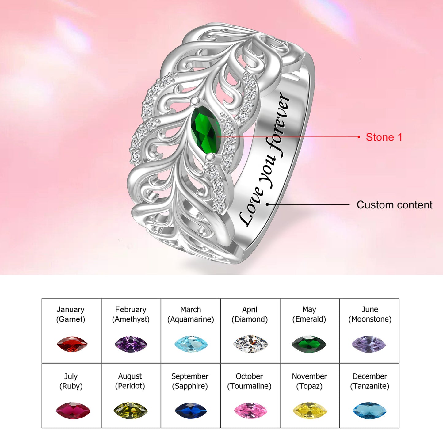 Marquise 12 birthstone name ring, custom engraving available. Perfect birthday gift