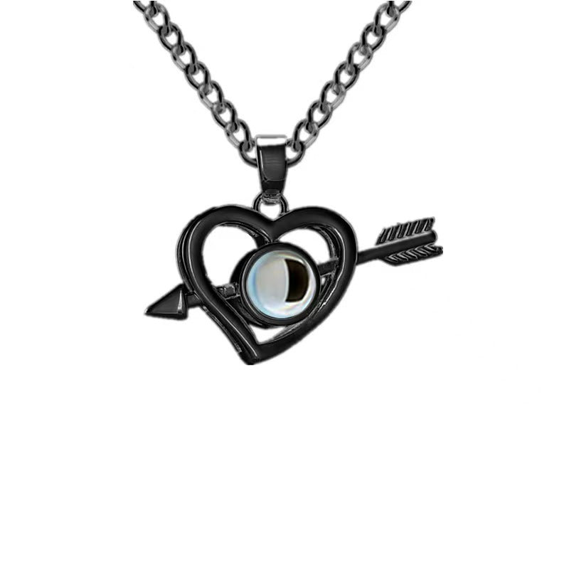 Best-selling "I Love You" in 100 languages projection necklace with arrow-through-heart design. Customizable photo pendant for a personalized touch.