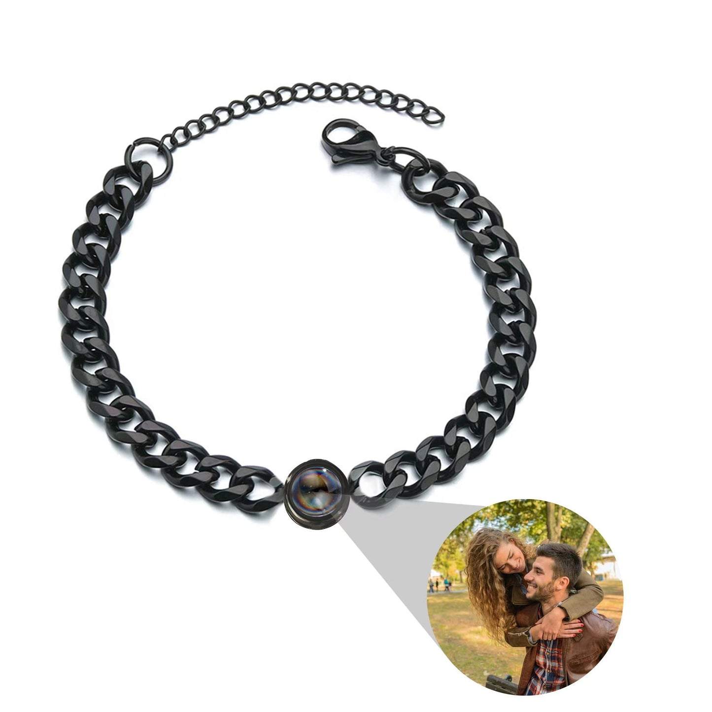 Custom couple's projection bracelet with text and photo. Made of titanium steel, perfect for Valentine's or birthday gifts.