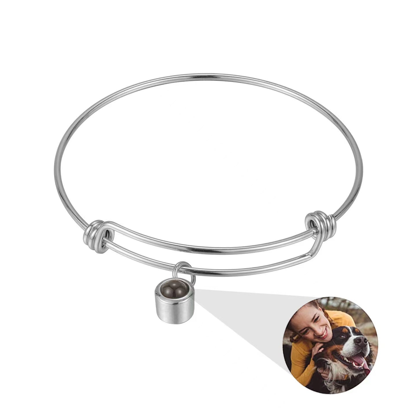 New adjustable stainless steel bangle with custom photo projection. Personalized titanium bracelet.