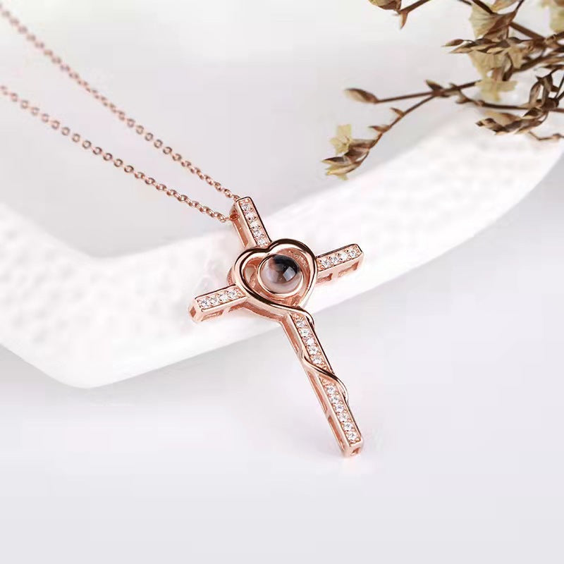 "Custom Cross Projection Necklace – Displays 'I Love You' in 100 Languages with Personalized Photo, Stylish Korean Design."