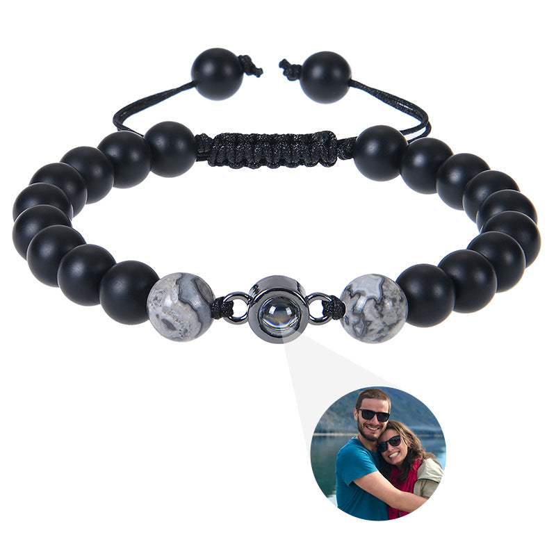 Hot-selling photo projection bracelet with 8mm volcanic stone, customizable braided design, and DIY photo personalization.