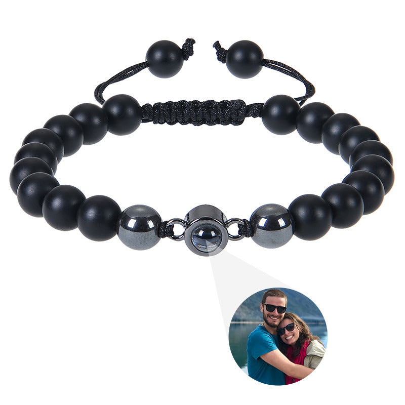 Hot-selling photo projection bracelet with 8mm volcanic stone, customizable braided design, and DIY photo personalization.