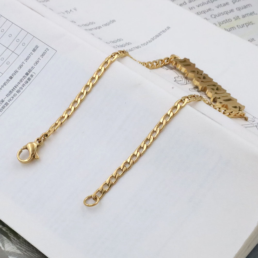 Trendy luxury titanium steel anklet for girls with Gothic-style English letter pendant.