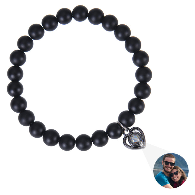 100 Languages Heart Shaped Projection Customized Photo Bracelet with Pink Zebra Stone Personalized