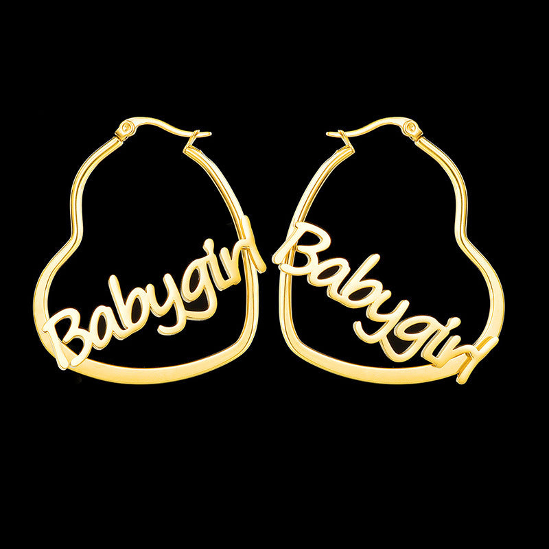 Heart-shaped name earrings with a simple, personalized English letter design.Stainless steel