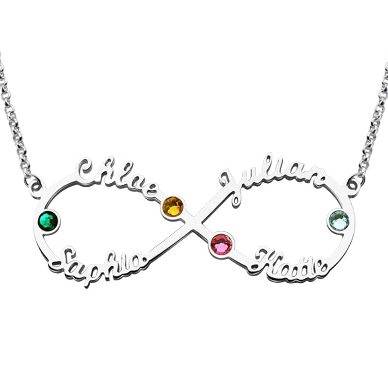 Hot-Selling S925 Sterling Silver Infinity Necklace with Birthstones and 4 Custom Names – Popular in Europe and the USA.