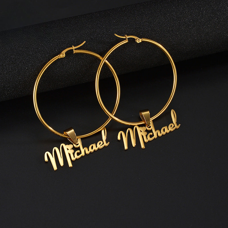 Hot selling round English name earrings Personalized custom stainless steel letter pendant earrings