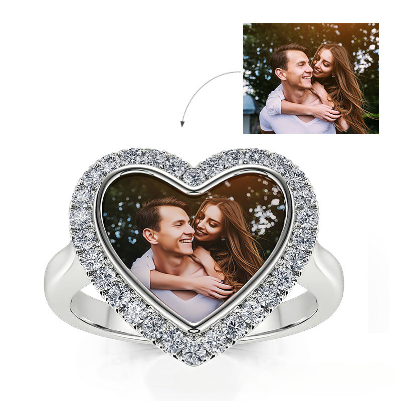 Hot sale sterling silver couple rings with diamonds, customizable photo design. Perfect for family, friends, or lovers.