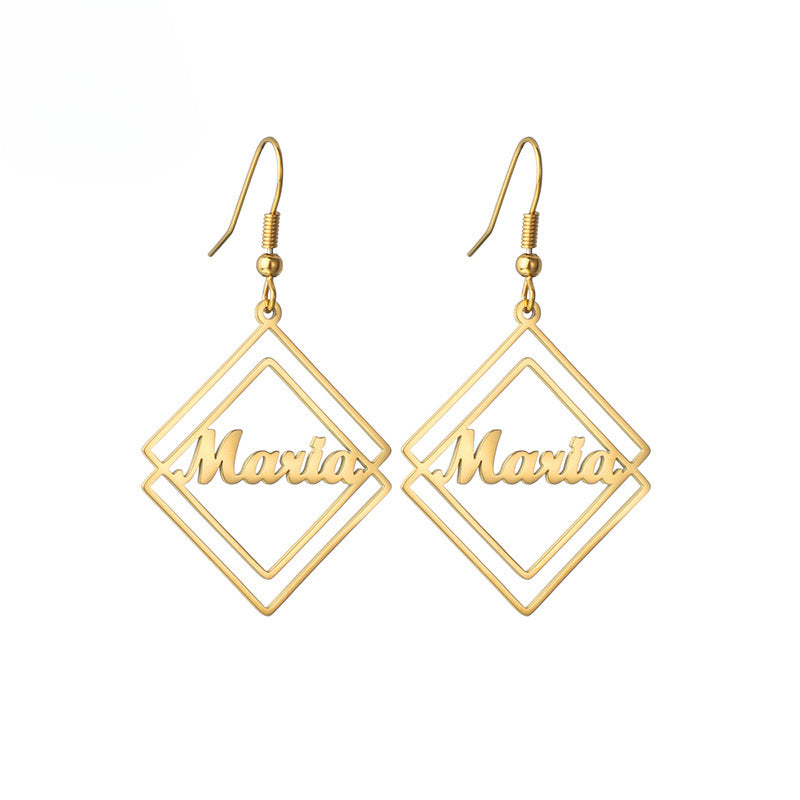 Personalized titanium steel earrings, creative geometric hollow square design with custom name. Simple and elegant.