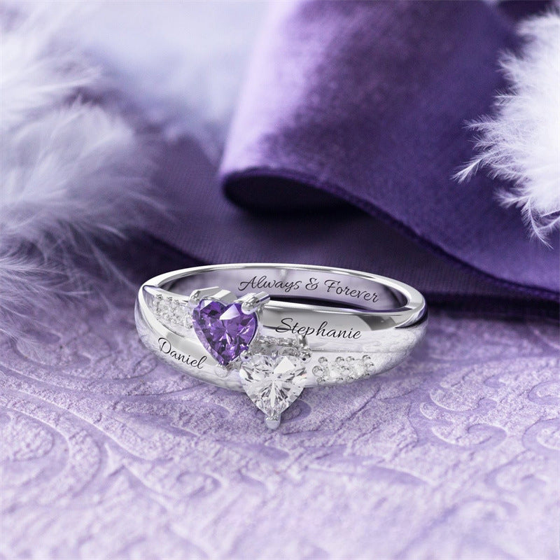 Popular inlaid two birthstones lettering ring Valentine's Day gift