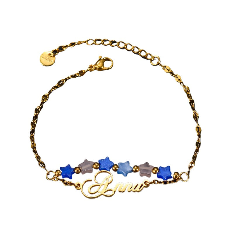 Fashion new titanium steel DIY letter bracelet personality cat's eye stone five-pointed star double-layer stacking jewelry wholesale