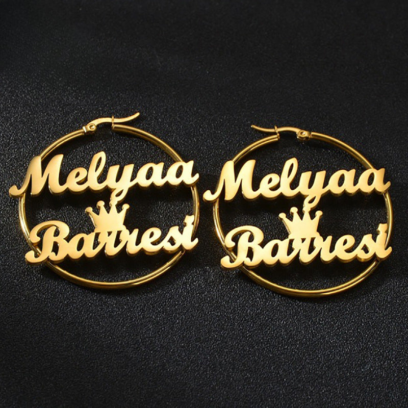 Stainless steel name earrings, bold and trendy, made of durable titanium steel that won't fade. Perfect large hoops for women.
