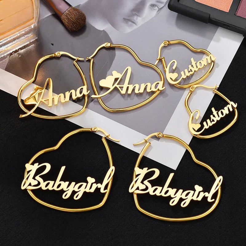Heart-shaped name earrings with a simple, personalized English letter design.Stainless steel
