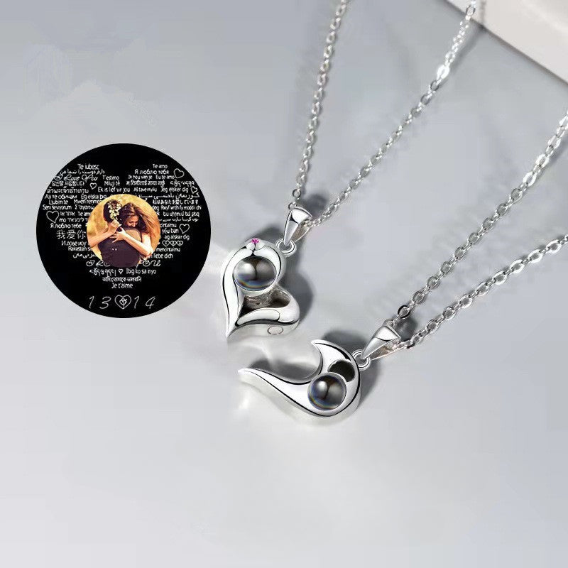 "Titanium Steel Couple Necklace, Custom Photo & 100 Language 'I Love You' Projection, His & Hers Pendant, Choker."