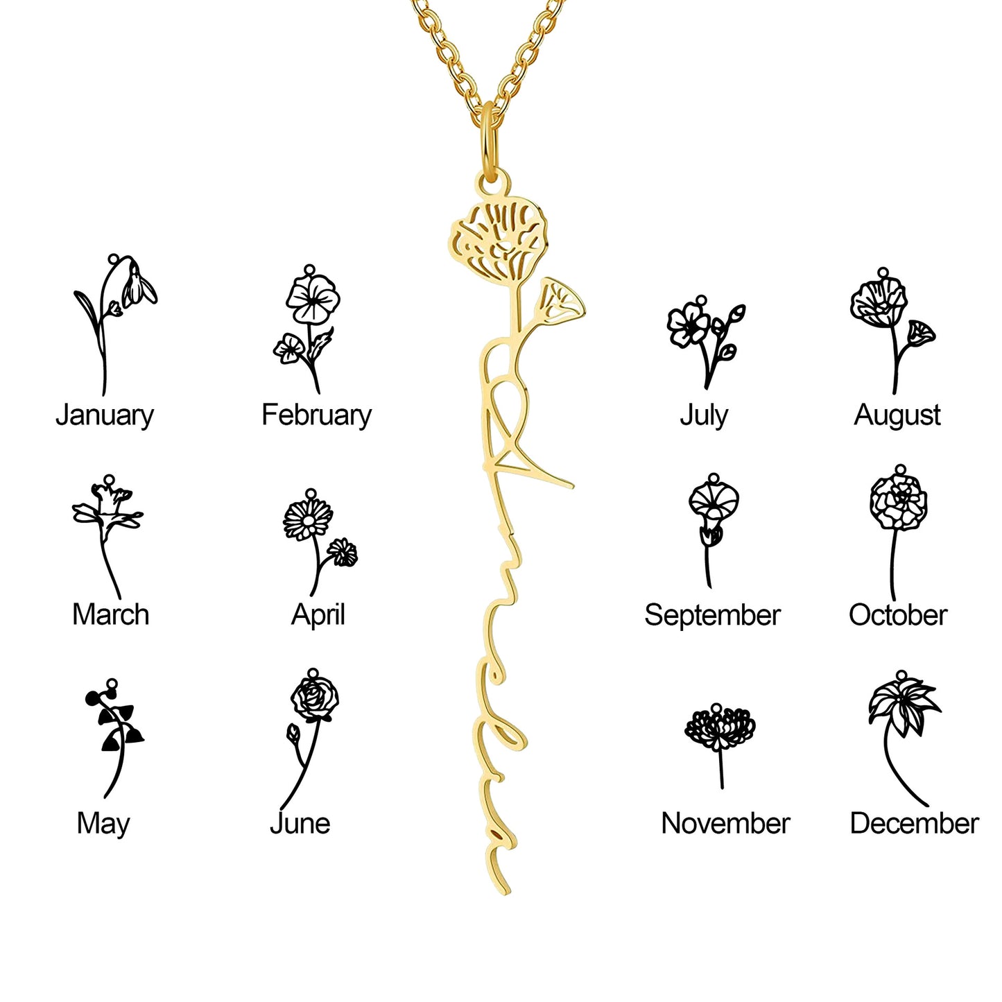 S925 Birthday Flower Necklace | Custom Name Necklace | 18K Gold Moonflower Jewelry | Perfect Gift for Moms