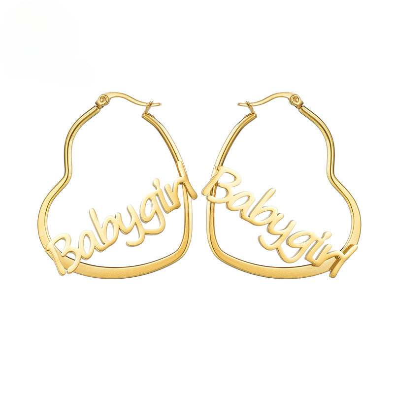 Heart-shaped name earrings with a simple, personalized English letter design.Stainless steel
