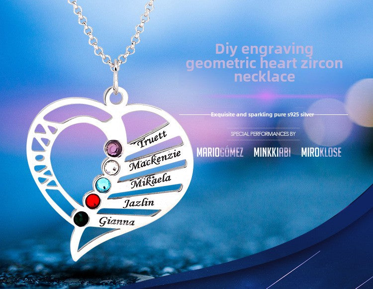 Fashion creative lettering geometric heart-shaped birthstone necklace pendant silver jewelry