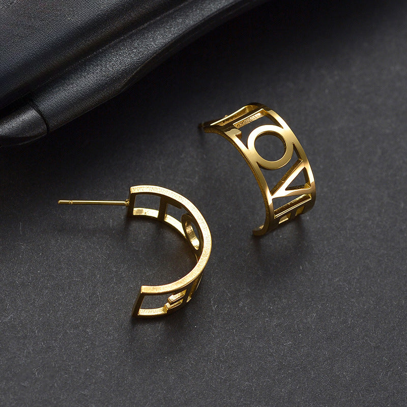Wish fashion stainless steel name earrings female personality creative wide letter hollow earrings earrings