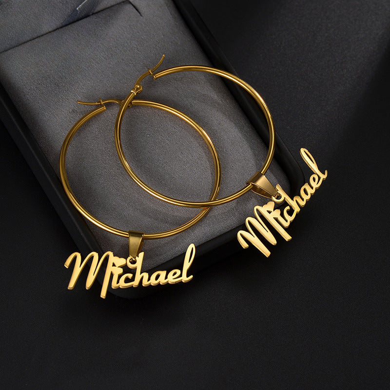 Hot selling round English name earrings Personalized custom stainless steel letter pendant earrings