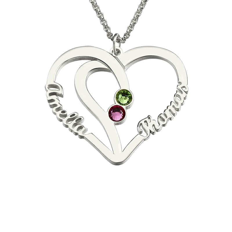 Hot-selling jewelry: intertwined love necklace featuring two names and inlaid birthstones, perfect as a commemorative gift.
