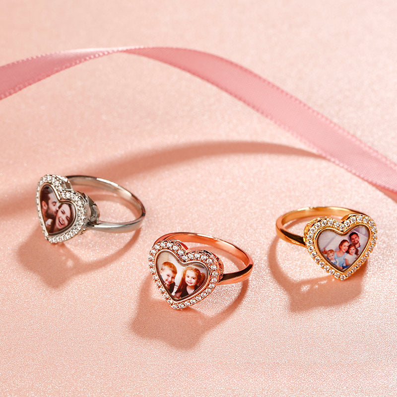 Hot sale sterling silver couple rings with diamonds, customizable photo design. Perfect for family, friends, or lovers.