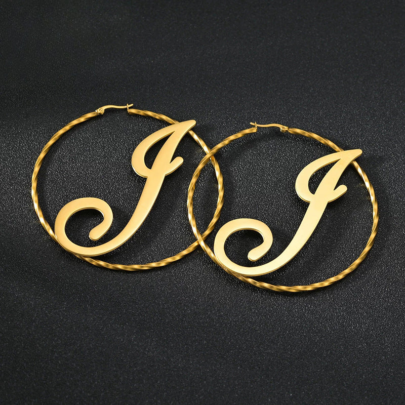 Personalized titanium steel letter name hoop earrings for women, original design, ideal gift on AliExpress.