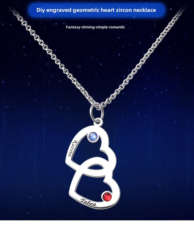 Fashion, Personality Double Heart Geometric Engraving Birthstone Necklace Pendant Clavicle Silver Jewelry