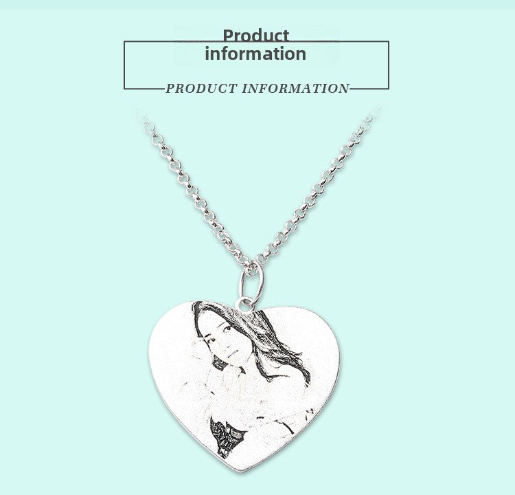 Fashion ins new heart-shaped character shadow engraved necklace pendant collarbone silver jewelry,
