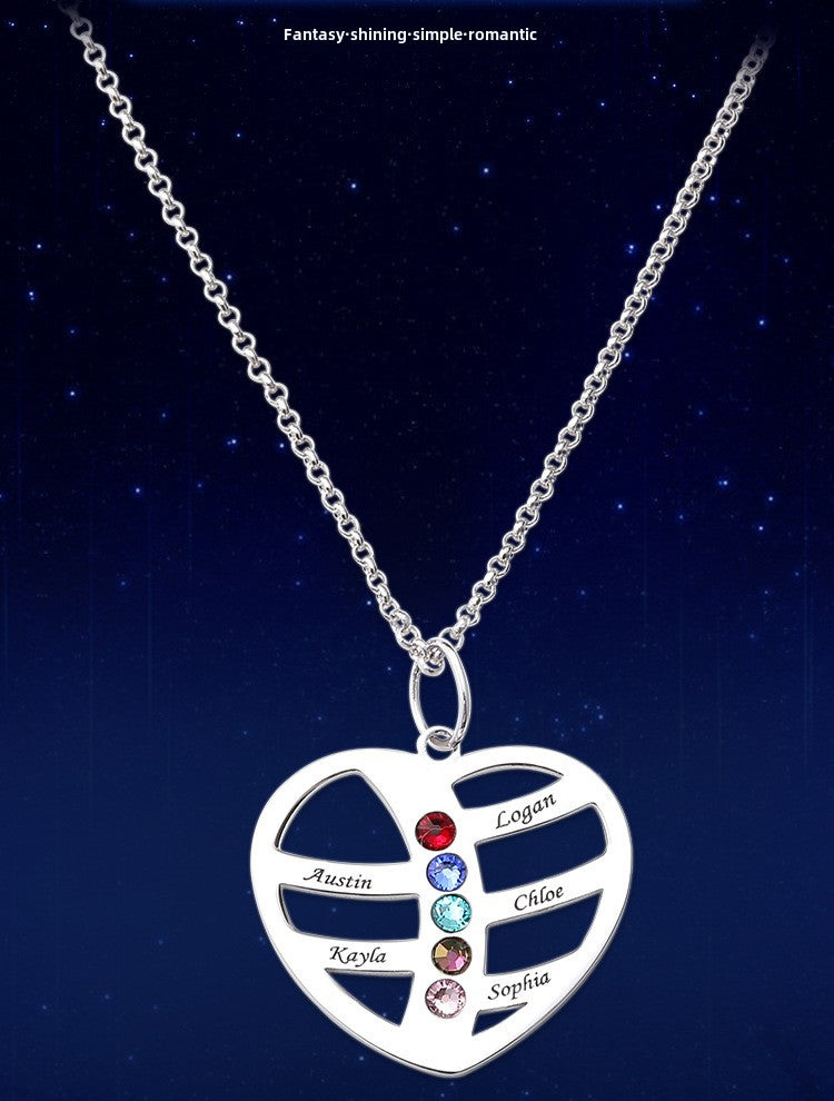 Geometric heart birthstone necklace, silver collarbone jewelry, custom lettering, wholesale.