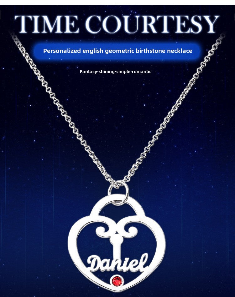 Geometric silver necklace with customizable English name and birthday stone pendant, perfect for wholesale.