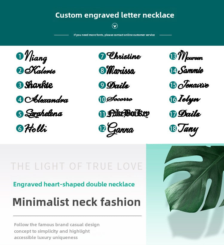 Custom heart-shaped double pendant necklace with personalized name lettering in silver. Stylish