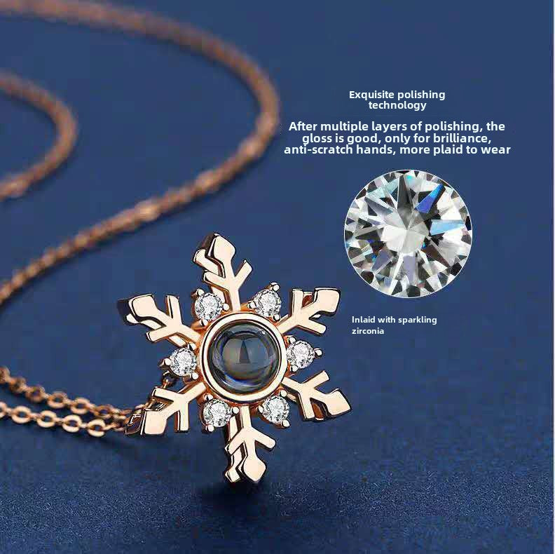 "100 Languages 'I Love You' Snowflake Necklace, featuring a nano projection pendant. Perfect for Valentine's or birthday gifts."
