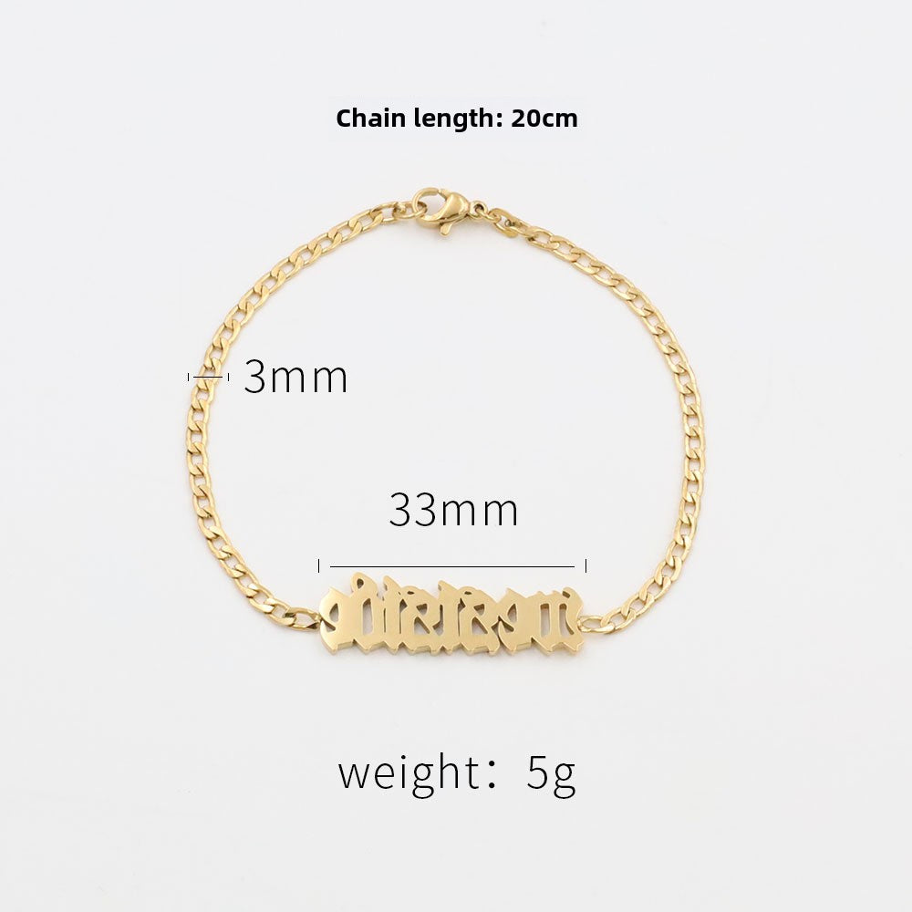 Trendy luxury titanium steel anklet for girls with Gothic-style English letter pendant.