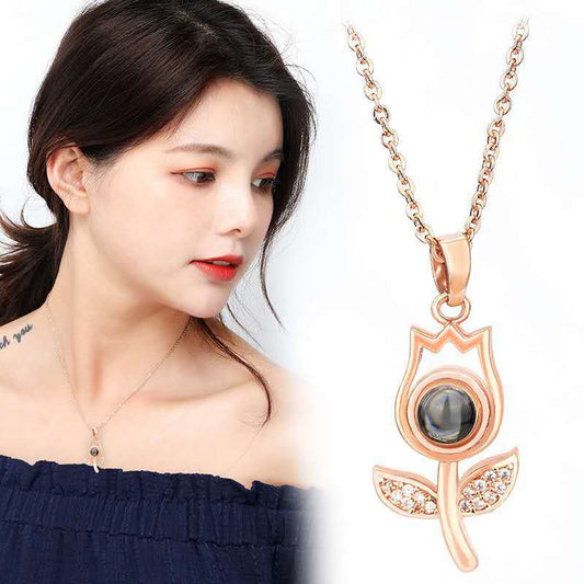 Rose Projection Necklace – "I Love You" in 100 Languages, Elegant Memory Pendant, Perfect Gift for Her.