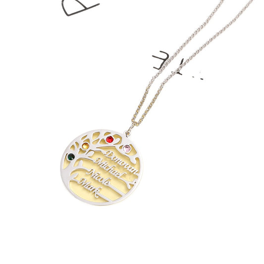 Custom English Tree of Life birthstone necklace in silver, featuring trendy lettering. Perfect for wholesale fashion jewelry.