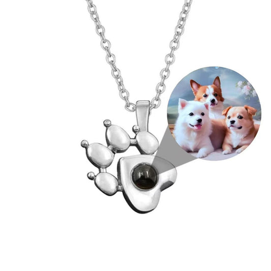 Custom cute animal paw print necklace, popular on eBay, photo and text personalization.