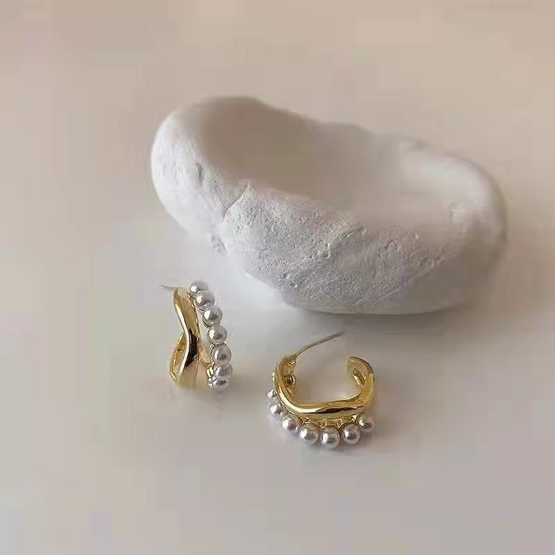 Minimalist geometric earrings for women, 2022 trend, faux pearl studs with 925 silver posts, unique design.