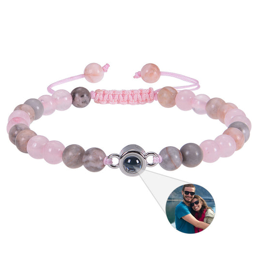 Custom Pink Zebra Stone Projection Bracelet with Rose Quartz. Personalized with your photo for a unique touch.