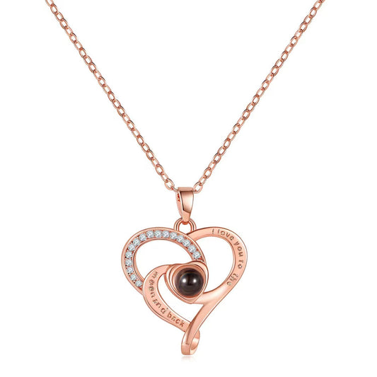 Hot-selling "I Love You" in 100 languages necklace, featuring a heart-shaped pendant, micro-paved design, perfect for moms.