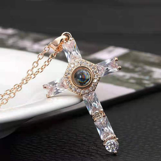 Hot-selling cross projection necklace with diamond pendant, featuring miniature photo projection. Unique and stylish design.